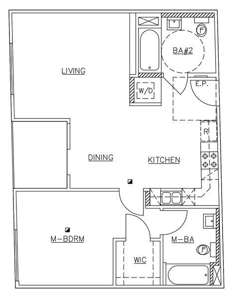 A floor plan of a home with labeled rooms such as living, dining, and kitchen.